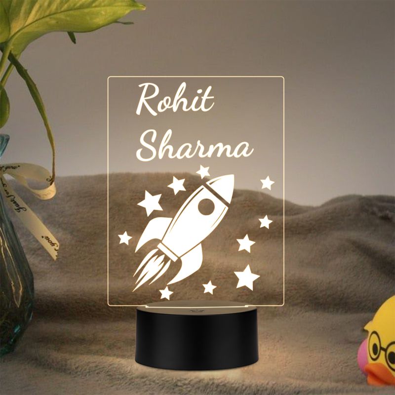 Customized Rocket Themed Illusion Lamp with  Warm white Glow LED Night Light with Black Base Birthday Return Gift for Son, Daughter & Kids